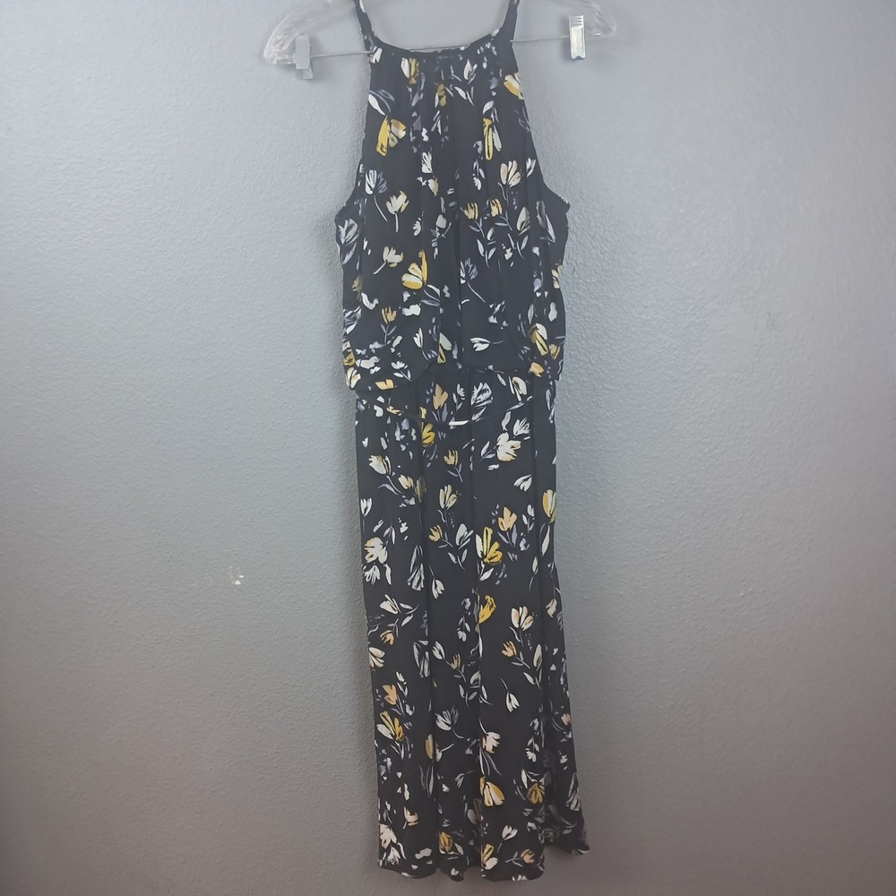 London Times Floral Halter Maxi Dress Keyhole Black Yellow White Size S